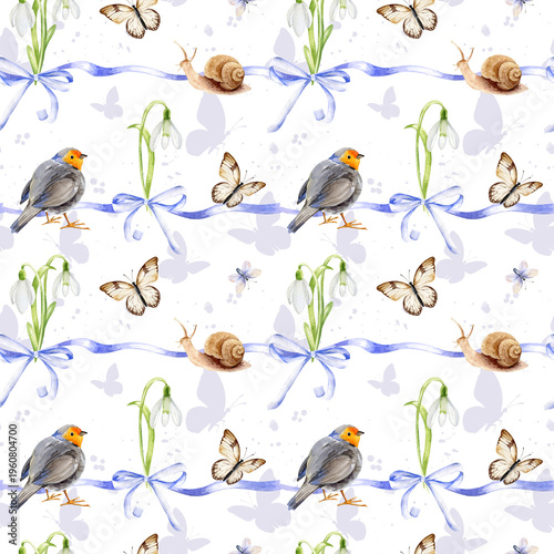 watercolor cute European robin bird, white spring flowers, snowdrops, flying butterfly, lilac ribbons and bow, hand drawn illustration of nature, seamless pattern, Easter sketch, summer background