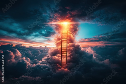 Single ladder rising through dramatic clouds toward bright glowing light in sky during colorful sunset, evoking sense of hope and mystery