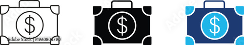 Business briefcase with dollar sign icon set for fintech UI design, financial investment and money bag symbol in outline, solid black, and blue styles for mobile app and web interface