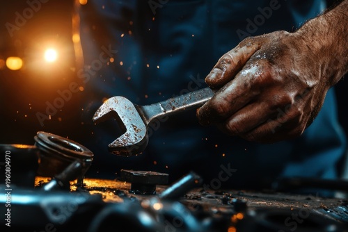 Mechanic hand holding rusty wrench with dirt and grease in workshop with warm light and metal parts on table, showing hard work and frustration