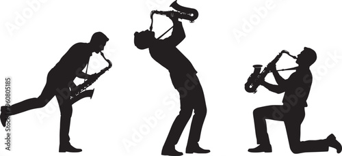Dynamic silhouettes of three male musicians passionately playing their saxophones, capturing the energetic essence of a live jazz performance with expressive movement and rhythmic harmony
