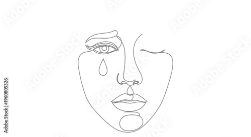 Minimalist Line Art Woman Face Crying Tear, Abstract Emotion