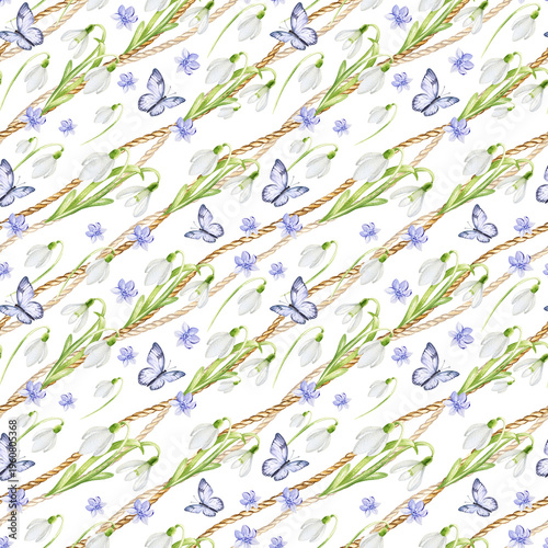 watercolor white spring flowers, primroses, delicate light flowers flying butterflies on diagonal background of brown natural rope, hand drawn of snowdrops, Easter illustration, textile decoration