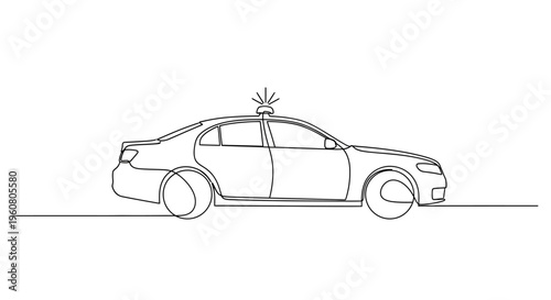 Minimalist police car illustration, continuous line art drawing, siren light on roof