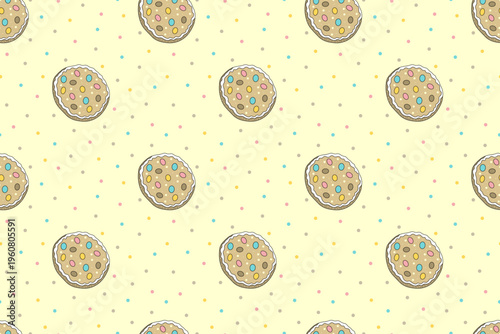 Cute seamless pattern. Cookies with dragees on yellow background. Delicious pastries. Flat cartoon design. For wallpapers, textiles, packaging, backgrounds or websites. Vector.