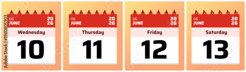 Vibrant daily calendar layout presenting June 10, 11, 12, and 13, 2026. Perfect for contemporary scheduling visuals, printable organizers, and daily digital reminder applications