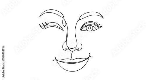 Minimalist Woman Face Line Art Drawing, Winking Eye, Smiling Lips, Single Line Style