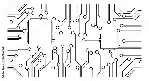 Abstract circuit board pattern with interconnected lines and rectangular components