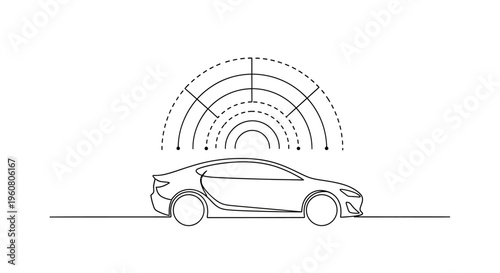 Modern car with radar waves, autonomous driving concept, line art illustration