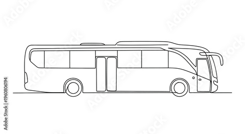 Modern Coach Bus Outline Drawing, Side View, Isolated on White Background