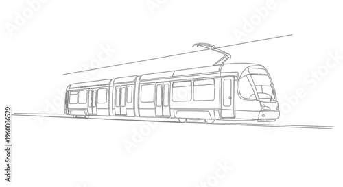 Modern Tram Line Art Drawing, Public Transport Vehicle Illustration