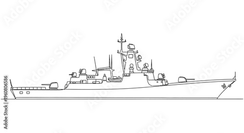 Modern Warship Outline Drawing - Naval Destroyer Silhouette