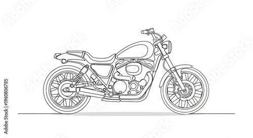 Motorcycle sketch outline, minimalist line art illustration of a chopper bike