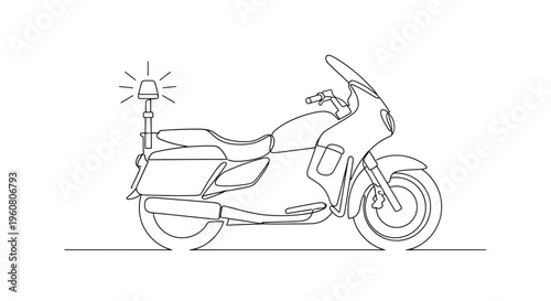 Motorcycle with police light, simple line drawing, vector illustration