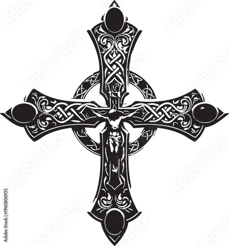 Ornate Celtic cross with intricate knot designs and crucifix of Jesus Christ isolated on white background for religious themes