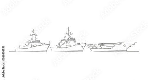 Naval Fleet Line Art: Battleship, Destroyer, Aircraft Carrier Illustration