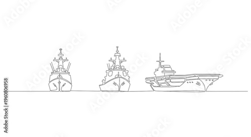 Naval Fleet Line Art Illustration: Aircraft Carrier and Warships