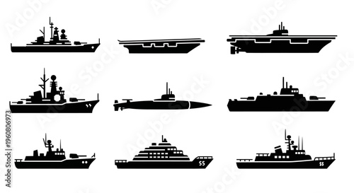 Naval Fleet Silhouette Collection: Warships, Aircraft Carrier, Submarine, Yacht