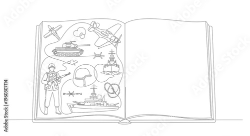 Open Book Line Art: Military History, War, Soldier, Airplane, Tank, Ship, Helmet