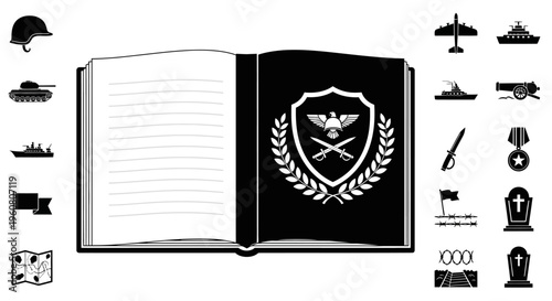 Open Book with Military Icons and Emblem - History, War, and Strategy Concept