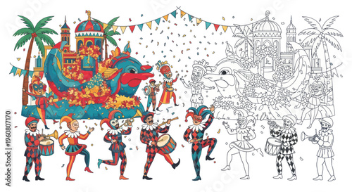 Carnival Celebration: Colorful Parade Float and Jester Performers vs. Outline