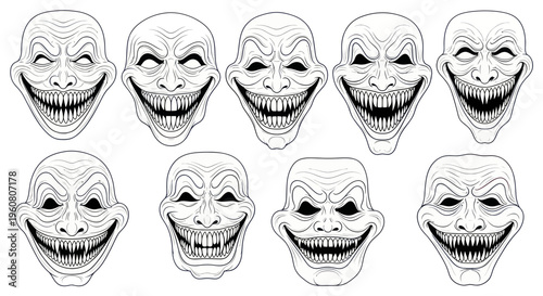 Creepy Troll Face Masks Collection, Evil Grinning Cartoon Illustration