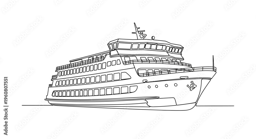 Fototapeta premium Passenger Ferry Boat, Maritime Transport, Outline Illustration