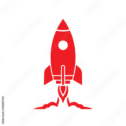 Red classic spaceship icon shows a vertical rocket beginning ignition and liftoff with visible exhaust trails underneath.
