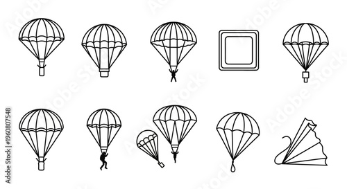 Parachute Icons Set: Skydiving, Air Travel, and Safety Symbols