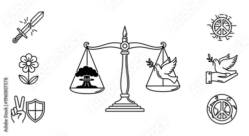 Peace vs War Icons: Scales of Justice, Dove, Nuclear Bomb, Sword, Shield, Flower