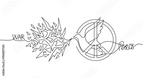 Peace Dove Symbol Emerging from War Fragments, Continuous Line Art