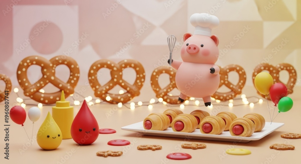 Fototapeta premium Cute chef pig celebrating National Pigs in a Blanket Day with snacks