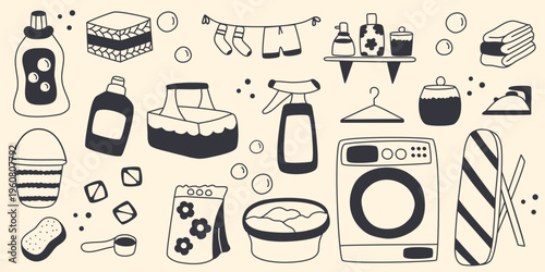 Hand-drawn set of washing and ironing attributes. Laundry detergents, washing machine, conditioner, laundry basket, iron and ironing board, doodle style. Housework illustrations, vector graphics
