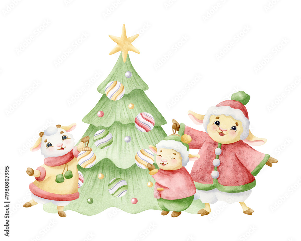 Fototapeta premium Watercolor cartoon animal family decorates Christmas tree with baubles hand drawn scene illustration. Baby goat and lamb with sheep mom in winter clothes holiday clip art. Hand drawn cute characters