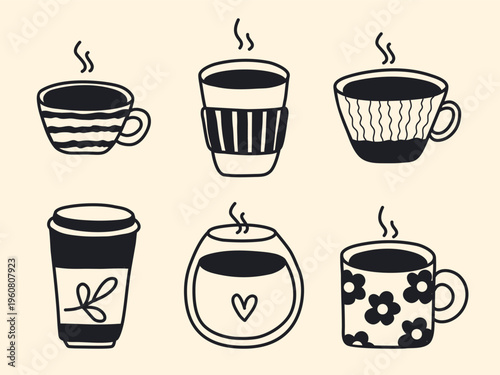 Hand drawn ink set of coffee cups. Mug, glass, disposable cup, takeaway coffee, drink to go, doodle style. Vector elements