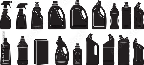 Vector silhouette collection featuring various household cleaning product bottles like spray cleaners, laundry detergent, and dish soap, perfect for hygiene and sanitation graphics