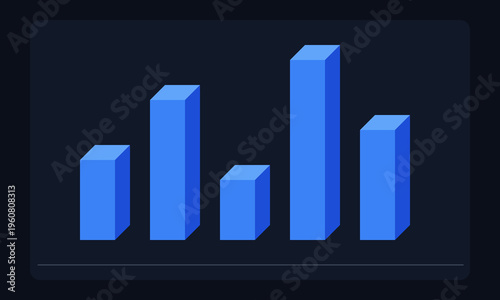 A minimalist digital illustration featuring five blue three dimensional vertical bar graph columns
