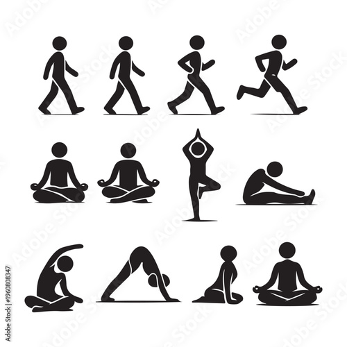 Black Stick Figure Movement Set – Walking, Running, Yoga and Meditation Poses