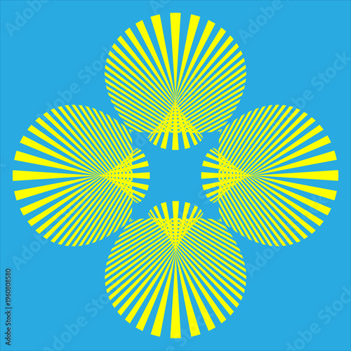 Four circular shapes made of yellow lines are arranged in a symmetrical pattern on a blue background. The lines radiate outwards, creating a bold design.