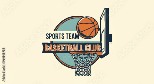 A minimalist line art design featuring a basketball going through a hoop with a backboard, forming a sports team basketball club logo on a clean background.