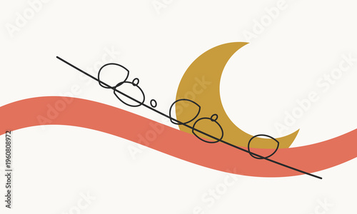 Minimalist illustration of birds perched on a wire against a golden crescent moon and red wave