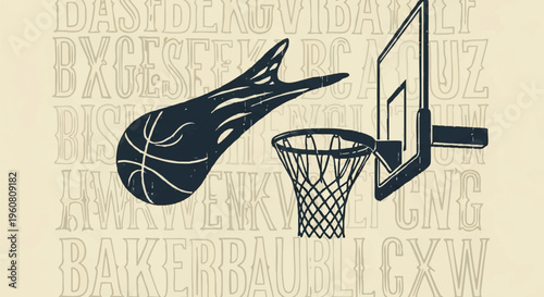 A minimalist line art design featuring a stylized butterfly and a basketball going through a hoop on a cream background with subtle typographic patterns.
