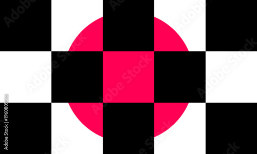 A vibrant hot pink circle centered over a minimalist black and white square grid pattern design