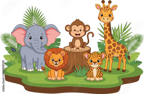 Vector illustration of cute safari jungle animal characters featuring elephant lion monkey giraffe and leopard for nursery decor and children's education branding.