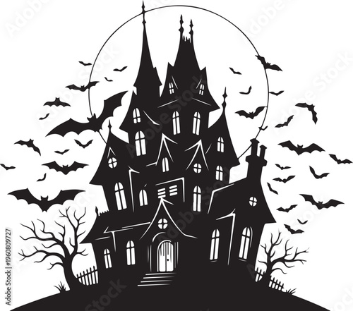Spooky haunted house with bats and full moon rising