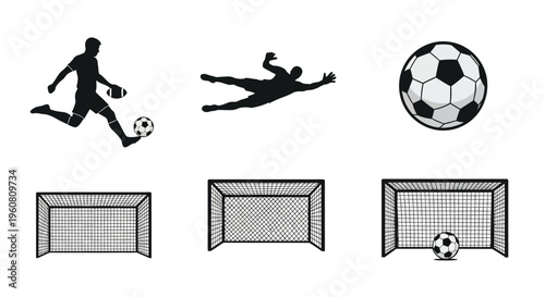 Professional soccer player silhouette with goalkeeper diving and goal net illustrations for football branding