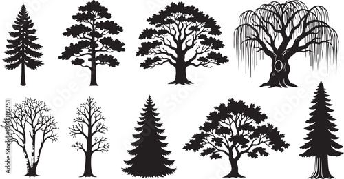 Collection of various tree silhouettes in black and white