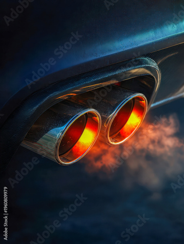 Shiny dual chrome exhaust pipes glowing red hot with visible heat and steam emissions from a powerful vehicle on a dark background at night