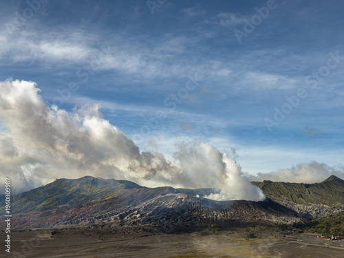 Fotografie Massive white plume rising from Mount Bromo crater, East Java, Indonesia
