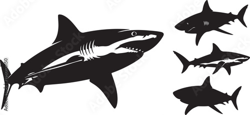 Black silhouettes of sharks swimming in different directions together